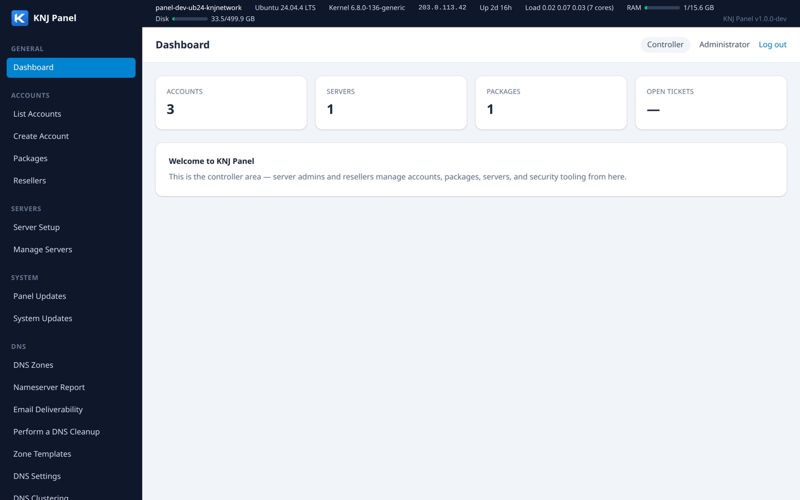 KNJ Panel Controller dashboard screen