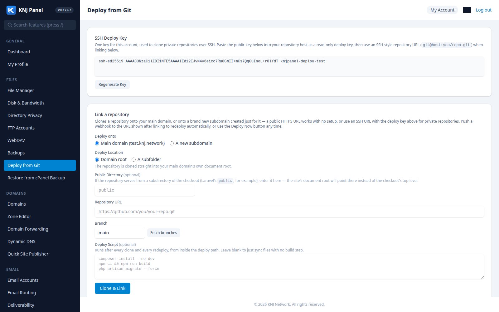 KNJ Panel Deploy from Git screen