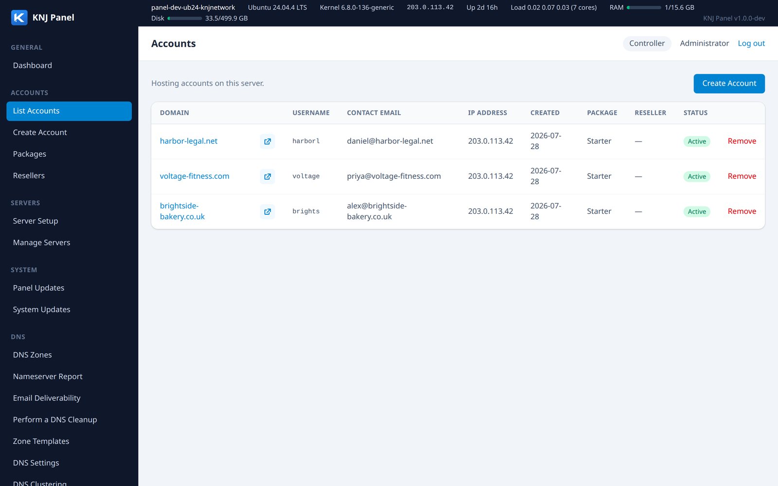 KNJ Panel List Accounts screen
