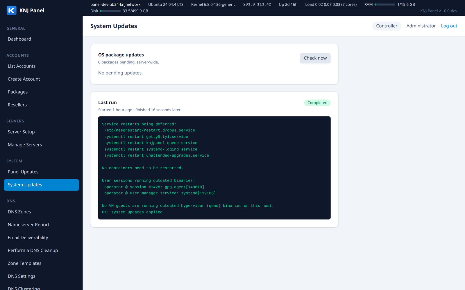 KNJ Panel System Updates screen